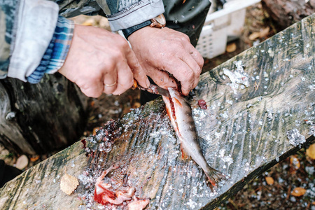 清洗鱼在户外的木板上的渔夫