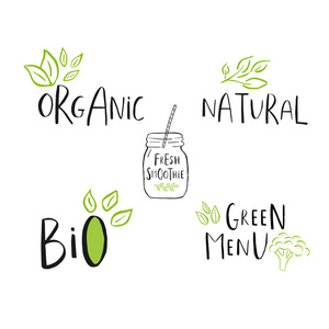 矢量生态, 生物绿色标志或标志。素食者健康食品徽章, 标签为咖啡馆, 餐馆, 产品包装。手绘树叶, 树枝, 植物元素。有机设计模