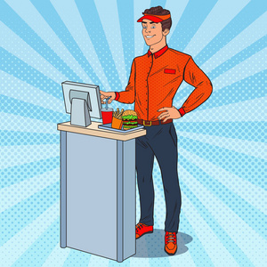 流行艺术收银员接受命令快餐餐馆工作者.矢量插图照片