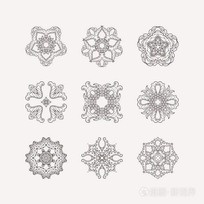 华丽的矢量曼荼罗符号集.曼海蒂花边纹身.东方编织