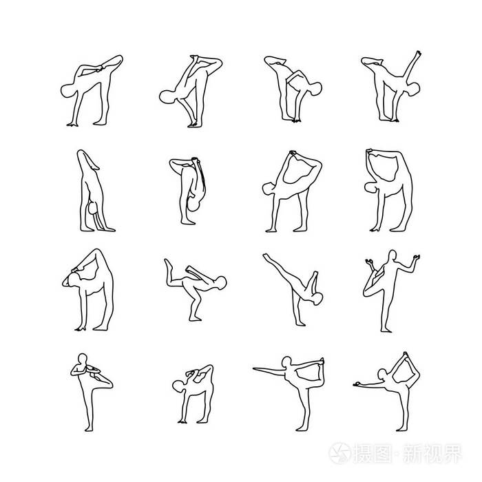 瑜伽姿势设置矢量插图轮廓草图手绘黑色线条在白色背景上隔离