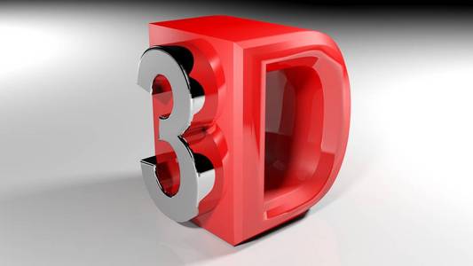 一个3d 的图标与数字3书面与金属抛光铬, 坚持在一边的 D, 用红色光泽塑料3d 渲染