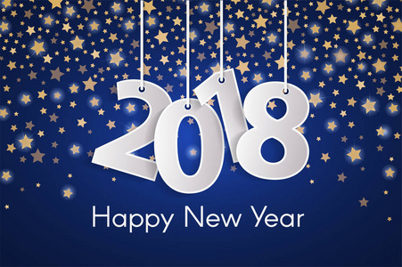 蓝色快乐新年2018贺卡概念与纸 cuted 白色数字在金黄星秋天背景