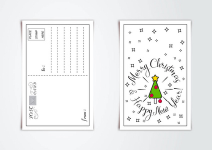 新年贺卡设计与风格化的圣诞树和铃铛。矢量插图