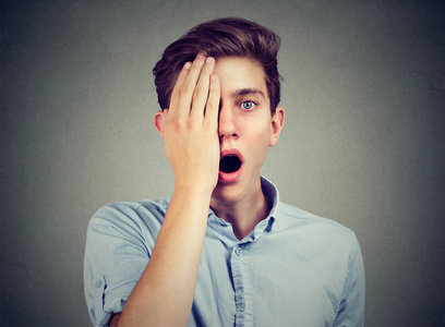 惊讶的人, 一只眼睛, 用手覆盖看着相机照片