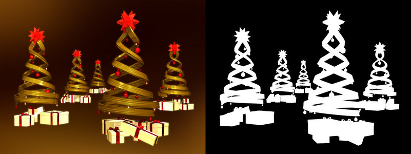 五个金色设计松树和许多礼物
