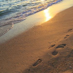 日落时沙滩上的一个成年男人和孩子的脚印照片
