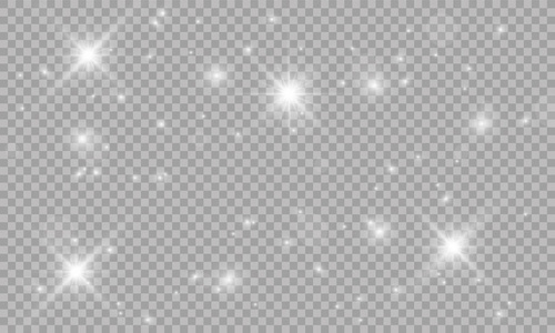 闪亮的星星在透明的背景下闪亮明亮矢量插图。光辐射和射线