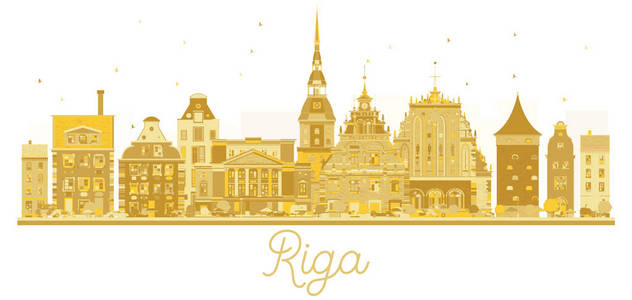 里加拉脱维亚城市地平线金色剪影
