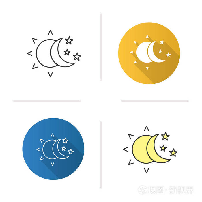 太阳和月亮的星星图标平面设计线性和颜色样式日夜孤立向量插图