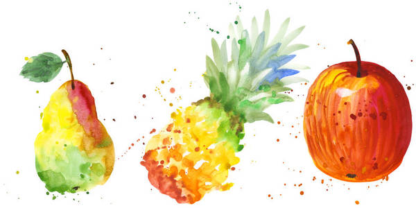 异国情调的苹果, 梨和菠萝野生水果的水彩风格孤立