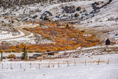 第一次雪和秋天树木湿公路沿线图片