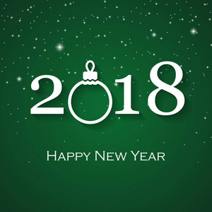 2018新年快乐绿色贺卡与白色圣诞球和雪