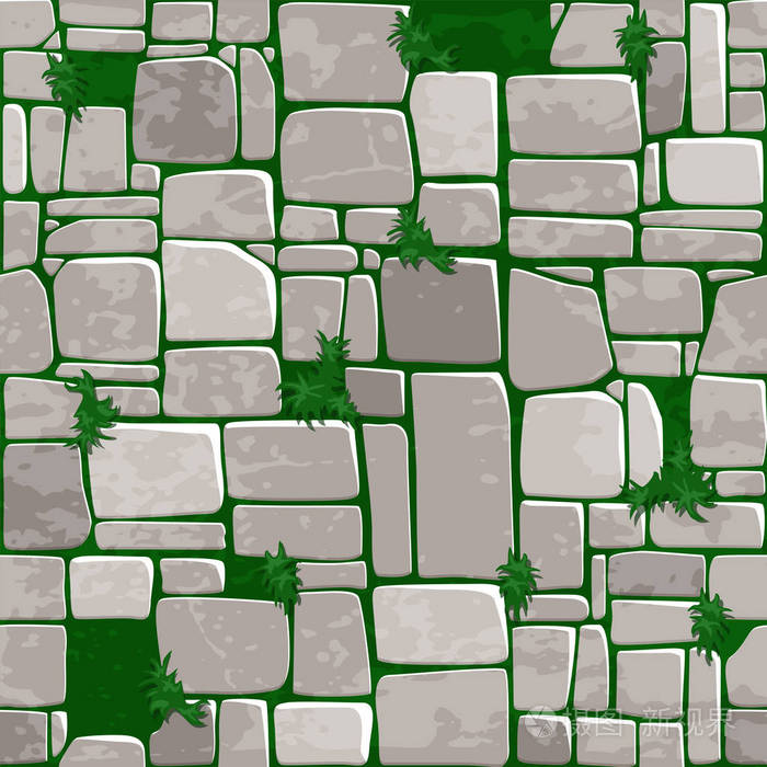 无缝的背景纹理灰色的石头在草地上.ui 游戏元素的向量图