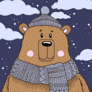 可爱的熊在夜里戴着帽子和围巾.手绘插画动物照片