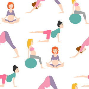 怀孕体育健身人健康人格的生活方式无缝图案背景女人瑜伽矢量图