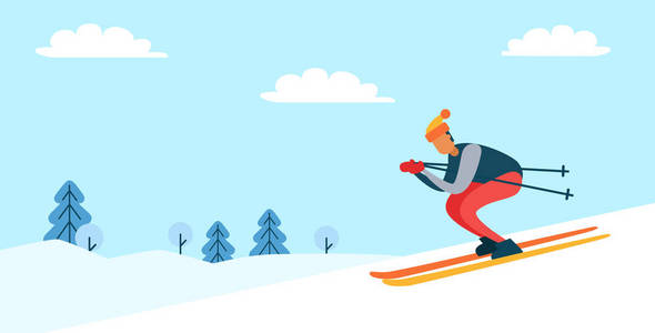 滑雪者与冬季自然海报矢量图示