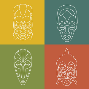 一套非洲族裔部落面具的色彩背景。.白色线条图标。礼节标志
