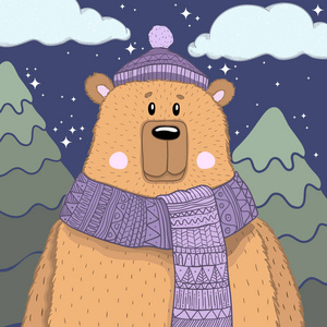 可爱的熊在夜里戴着帽子和围巾.手绘插画动物照片