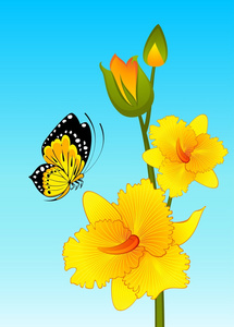鲜花与蝴蝶的背景上
