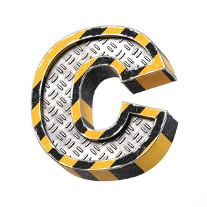 工业用黑色和黄色条纹金属字体, 3d 渲染, 字母 C