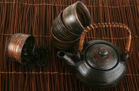 棕色背景上的绿色茶与茶具图片