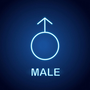男性性别符号霓虹灯图标。男人 Wc 门发光的标志。矢量隔离插图