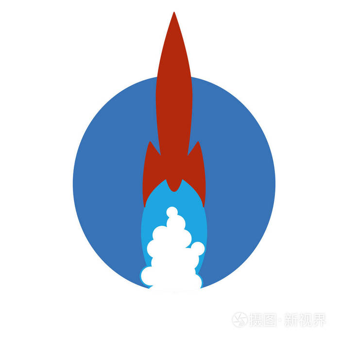 老式的红色火箭船飞过去的蓝色椭圆形的领域与流的烟雾尾随后云