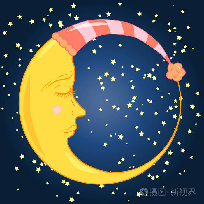 一个沉睡的月睡在一个沉睡的帽子 在一个蓝色的夜空与星星闭着眼插画 正版商用图片03takb 摄图新视界 一个沉睡的月睡在一个沉睡的帽子 在一个蓝色的夜空与星星闭着眼插画 正版商用图片03takb 摄图新视界