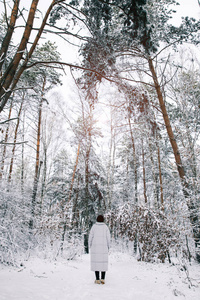 在白雪皑皑的森林里行走的女孩的后视图