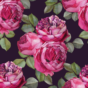 花卉无缝图案与水彩粉红色的玫瑰。背景与花束手绘水彩花卉