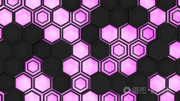 橙色紫色 b 的黑色六边形的抽象3d 背景