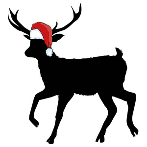矢量图像的鹿和圣诞老人的帽子，蓝色的背景上。圣诞快乐