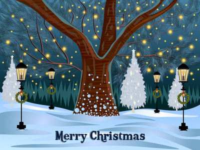 雪覆盖的树为快活的圣诞节节日庆祝背景
