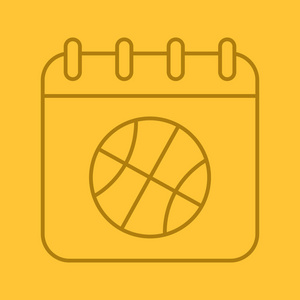 篮球锦标赛日期线性图标。日历页与篮球球。颜色背景上的细线轮廓符号。矢量插图