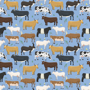 公牛和奶牛农场动物牛哺乳动物天然牛肉水牛字符矢量无缝模式背景