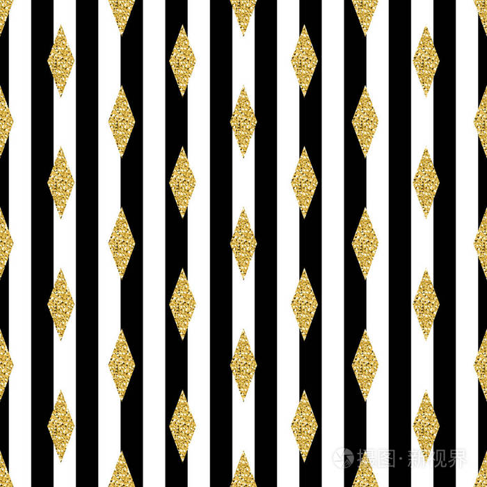 无缝的金色亮片菱形图案条纹背景上