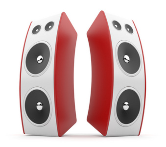 红色的音频扬声器。声学系统 3d。孤立在白色 backgro