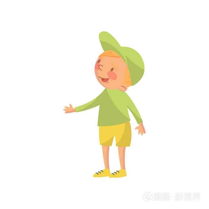可爱的小男孩在一个绿色的帽子和衬衫卡通人物矢量插图