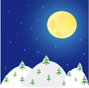 晚上冬季风景与树木和月亮图片