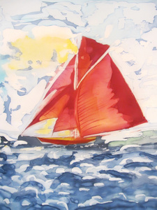 绘画与红船和蓝色的大海图片