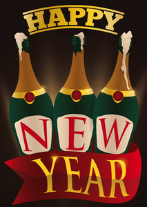 打开香槟瓶和丝带准备新年庆祝, 矢量插图