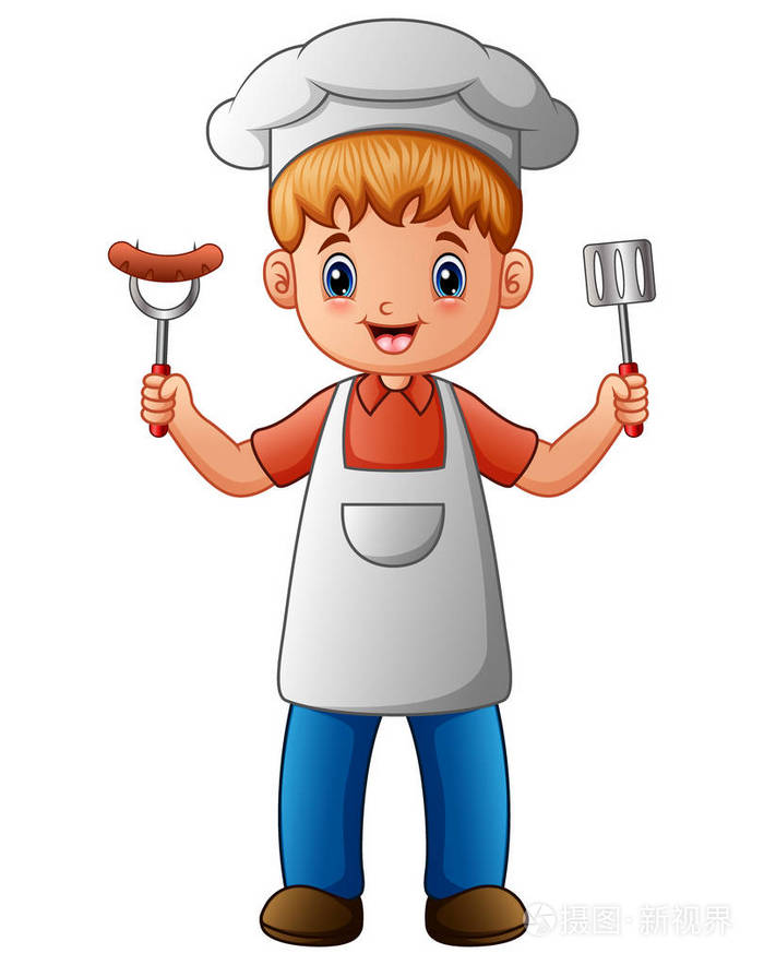 厨师男孩拿着一把铲子和香肠在叉子
