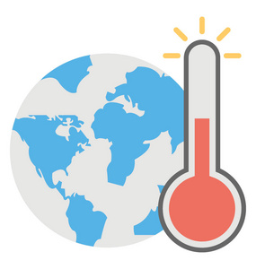地球和温度计的平面式矢量图标, 天气温度计