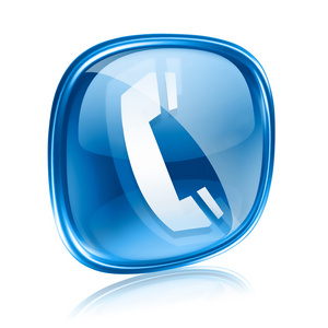 电话图标蓝色玻璃，在白色背景上孤立