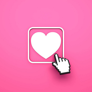 爱按钮与计算机手光标被隔绝在粉红色背景。3d 渲染