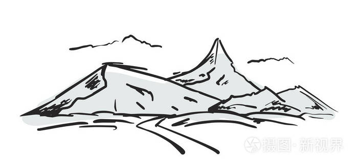 手绘山草绘与路和云彩