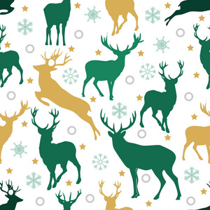 圣诞无缝模式与驯鹿和白色背景上的雪花