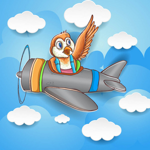 可爱的小鸟在天空飞翔与飞机, 壁纸, 儿童 t恤设计, 矢量卡通插图