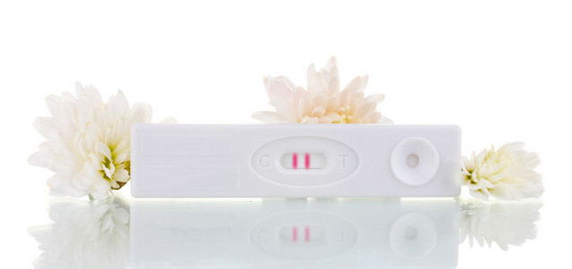 怀孕测试和孤立在白色的鲜花